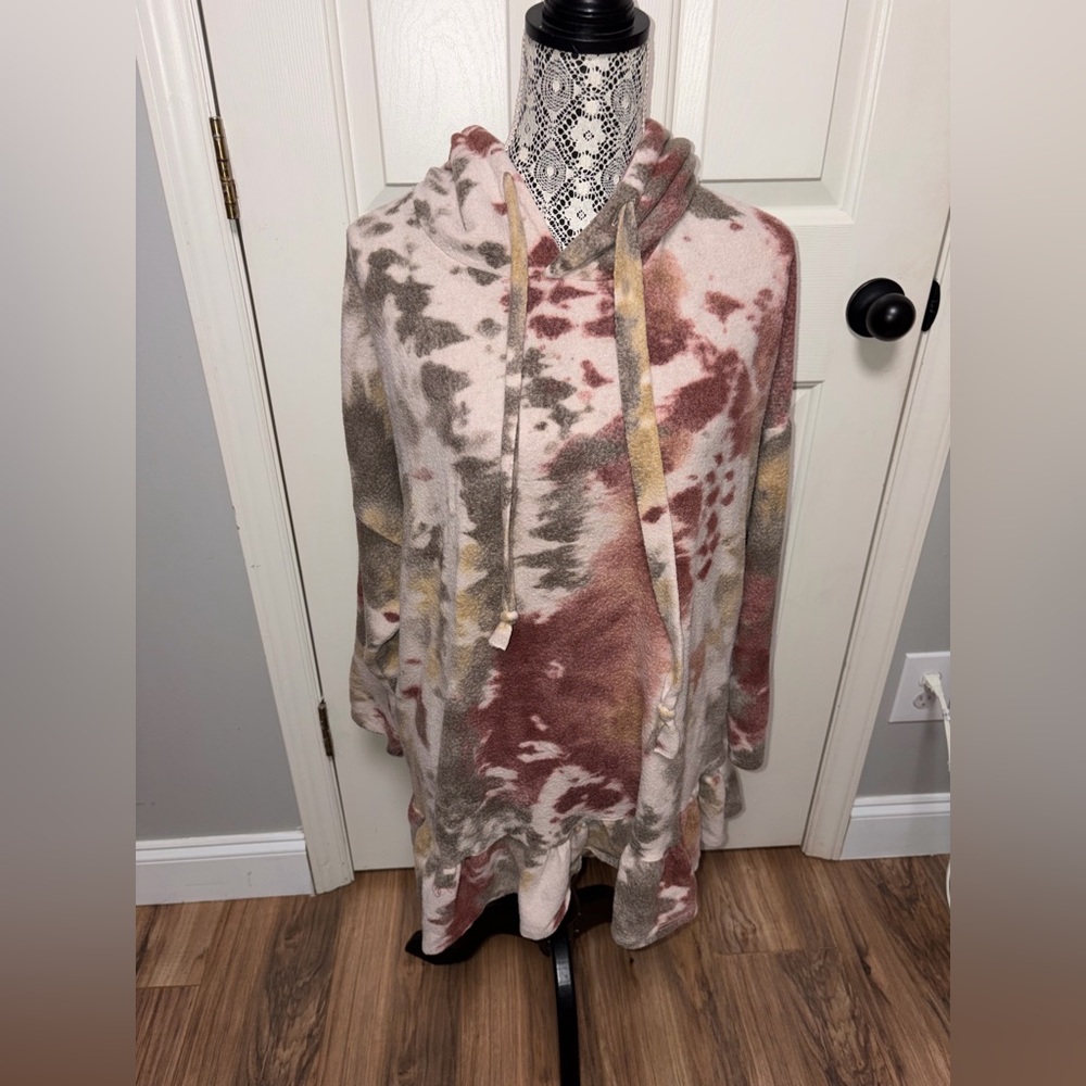 Jade by Jane tie dye fleece ruffle bottom peplum hoodie tunic women’s L - Picture 2 of 4